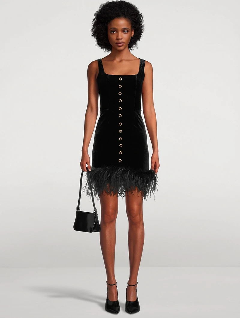 Feather-Trimmed Velvet Mini Dress