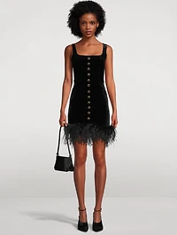Feather-Trimmed Velvet Mini Dress