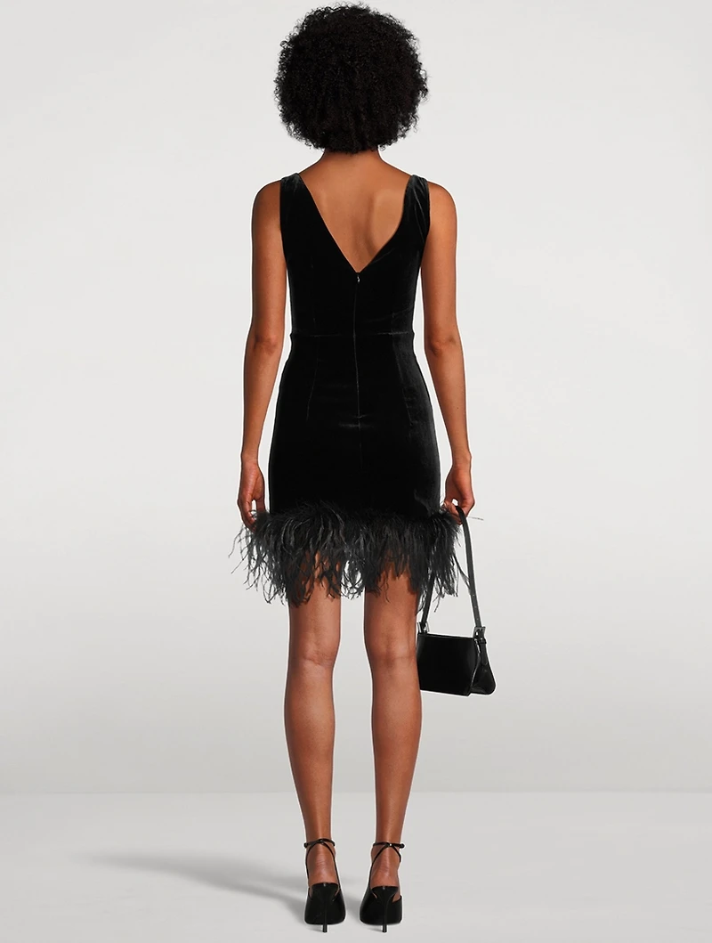 Feather-Trimmed Velvet Mini Dress