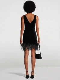 Feather-Trimmed Velvet Mini Dress