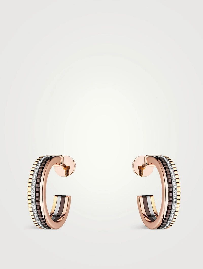 XS Motif Quatre Classique 18K Gold Hoop Earrings With Brown PVD And Diamonds