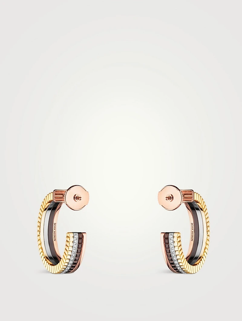 XS Motif Quatre Classique 18K Gold Hoop Earrings With Brown PVD And Diamonds