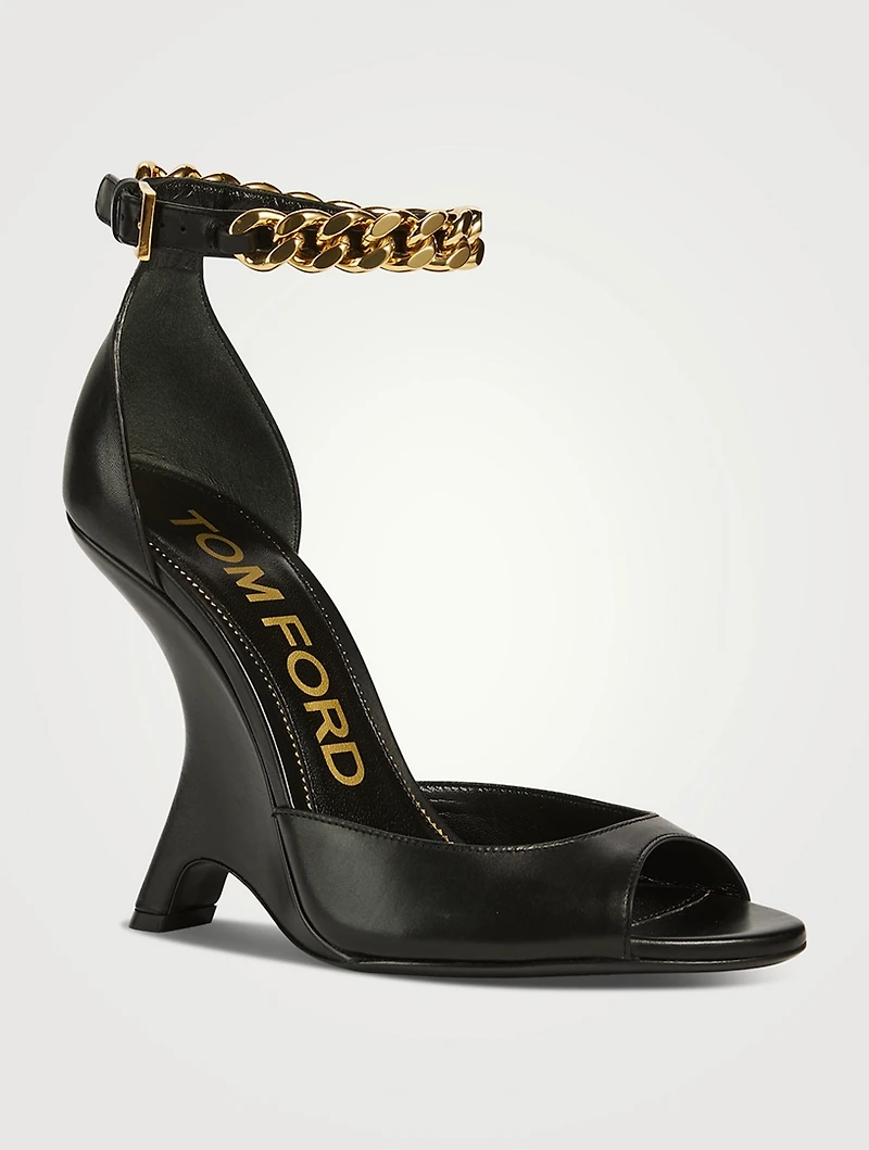 Leather Wedge Sandals With Ankle Chain
