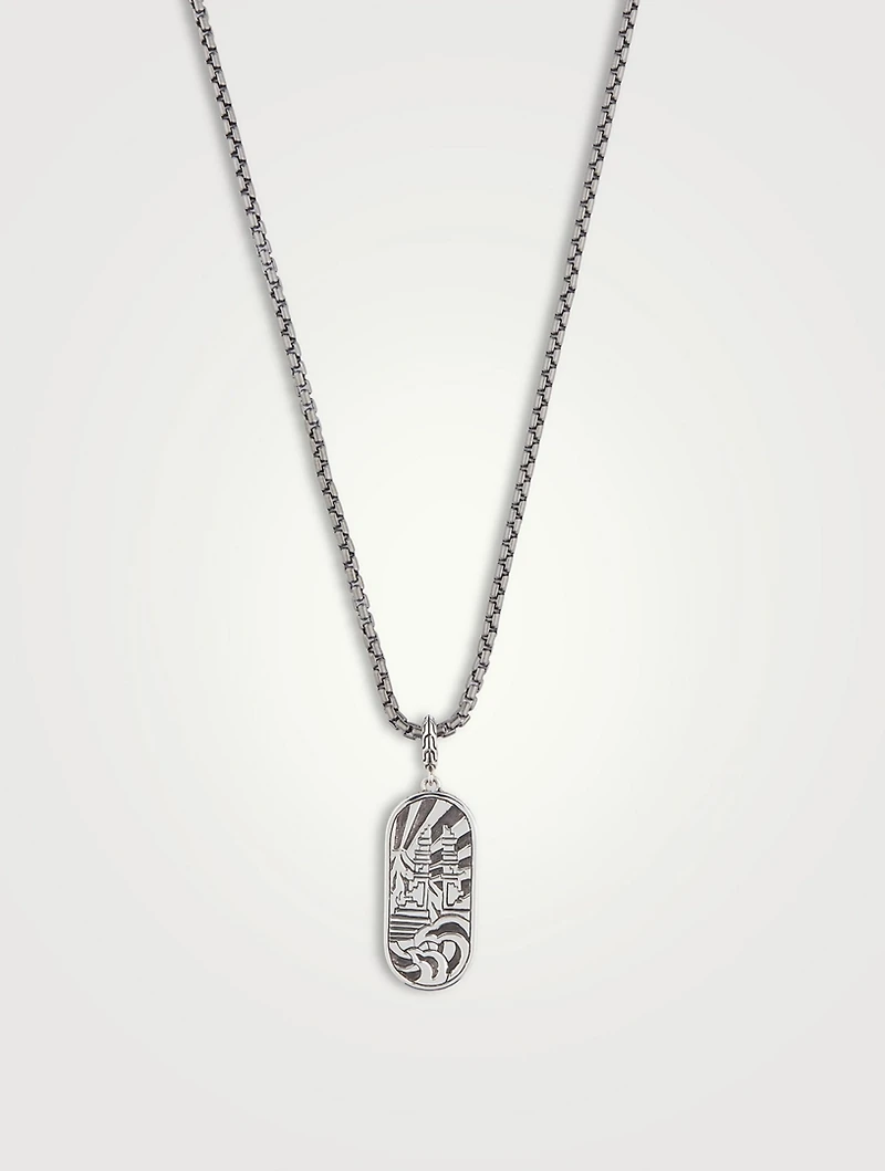 Carved Chain Inlay Pendant Necklace With Mother-Of-Pearl And Black Sapphire