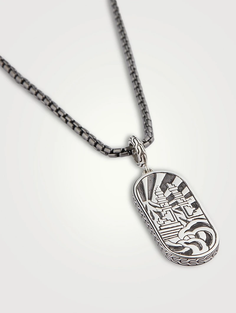 Carved Chain Inlay Pendant Necklace With Mother-Of-Pearl And Black Sapphire