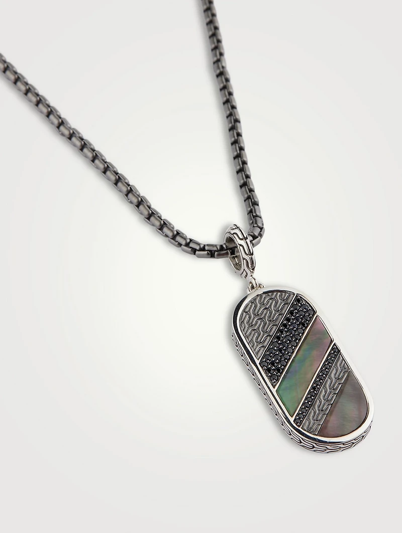 Carved Chain Inlay Pendant Necklace With Mother-Of-Pearl And Black Sapphire