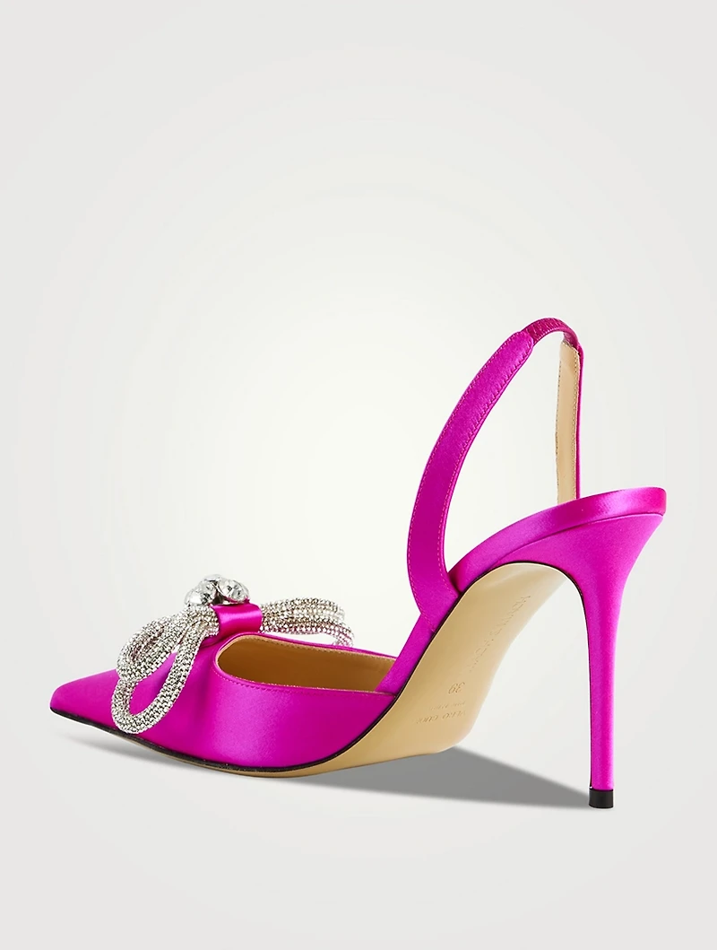 Double Bow Crystal-Embellished Satin Slingback Pumps