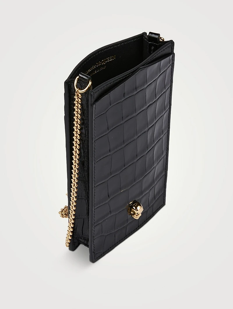 Skull Croc-Embossed Leather Crossbody Phone Case