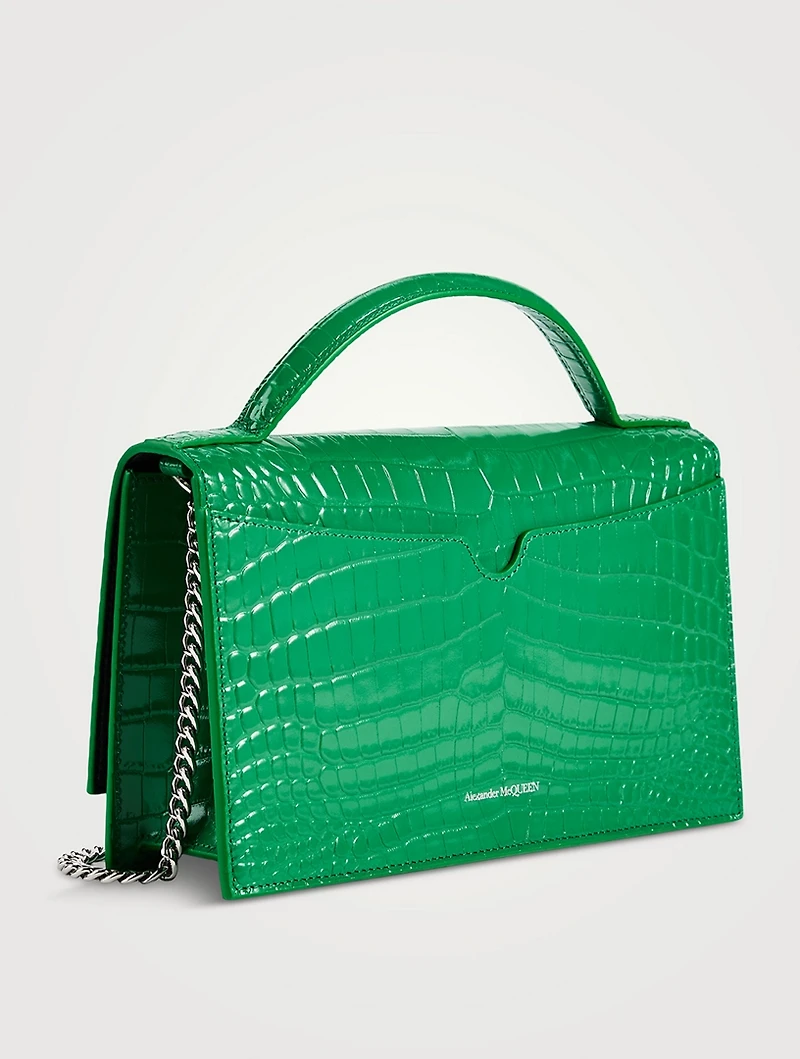 Medium Skull Croc-Embossed Leather Top Handle Bag