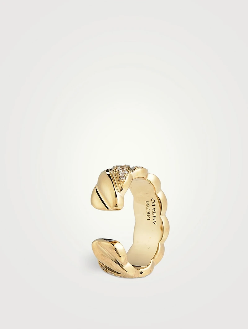 18K Gold Wide Braid Ear Cuff With Diamonds