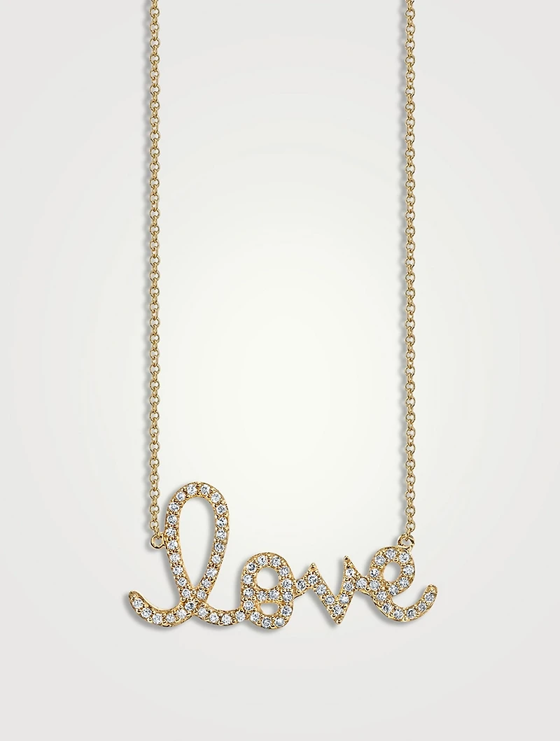 Large 14K Gold Love Script Pendant Necklace With Diamonds