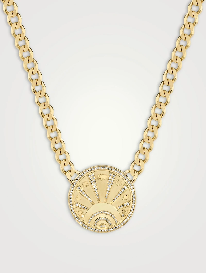 14K Gold Evil Eye Luck Coin Necklace With Pavé Diamonds