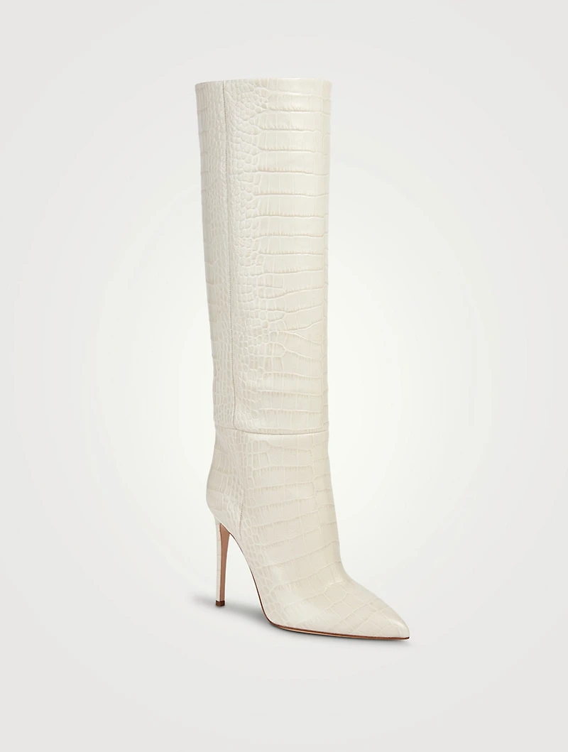 Croc-Embossed Leather Knee-High Boots