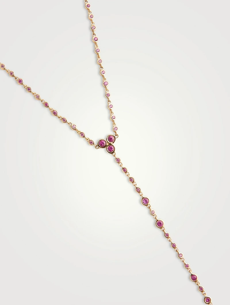 18K Gold Infinity Station Lariat Necklace With Pink Sapphire