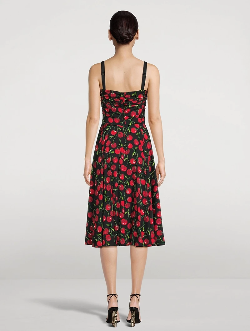 Stretch-Silk Midi Dress Cherries Print