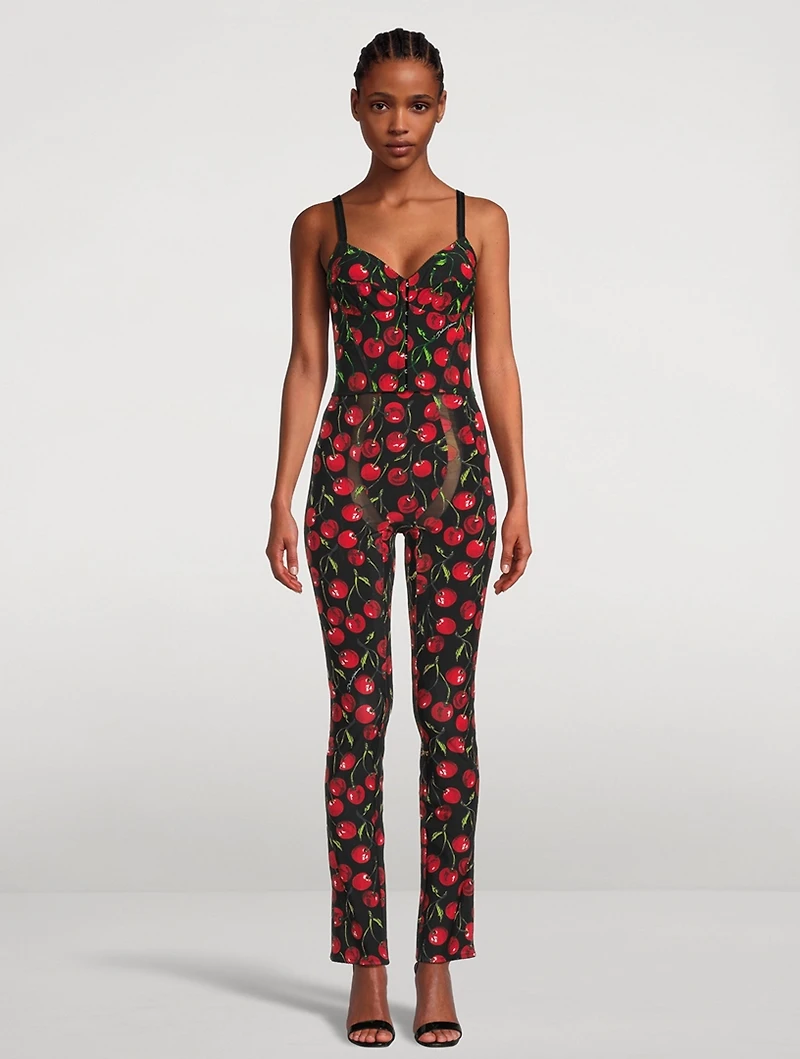 Nylon Stretch Pants Cherry Print