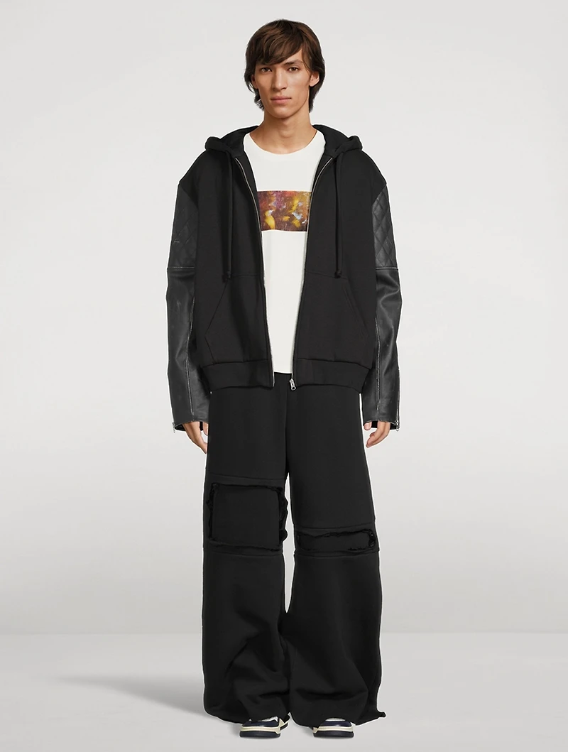 Zip Hoodie With Leather Sleeve