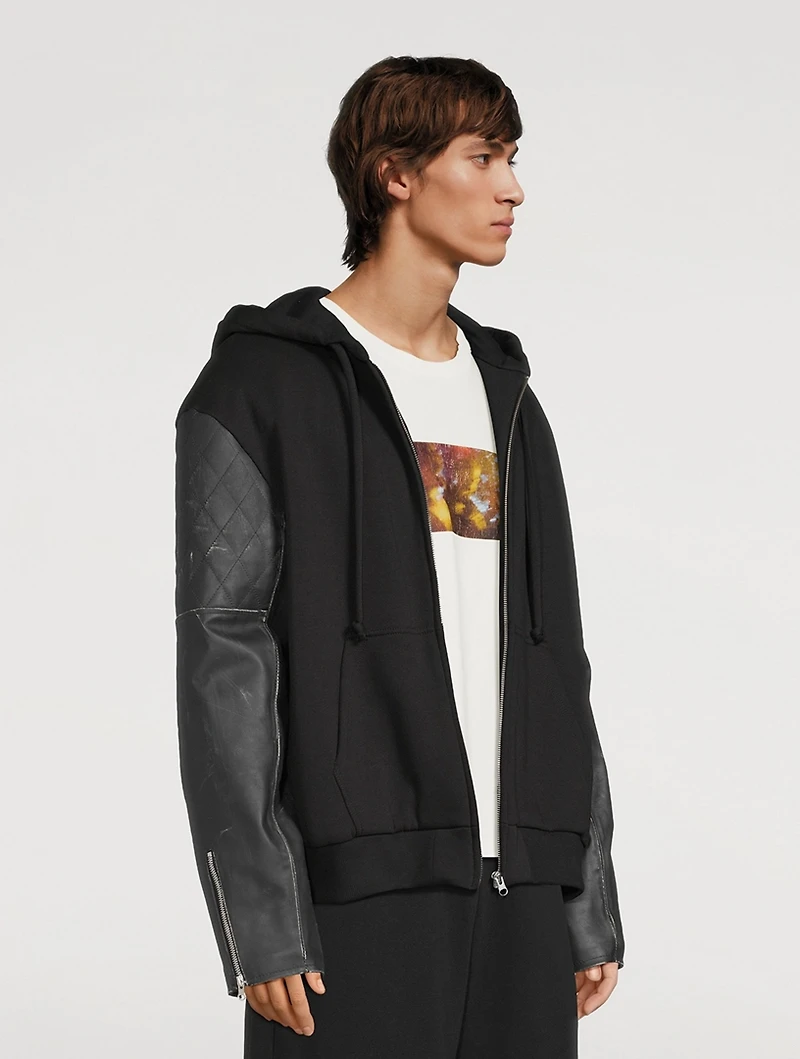 Zip Hoodie With Leather Sleeve