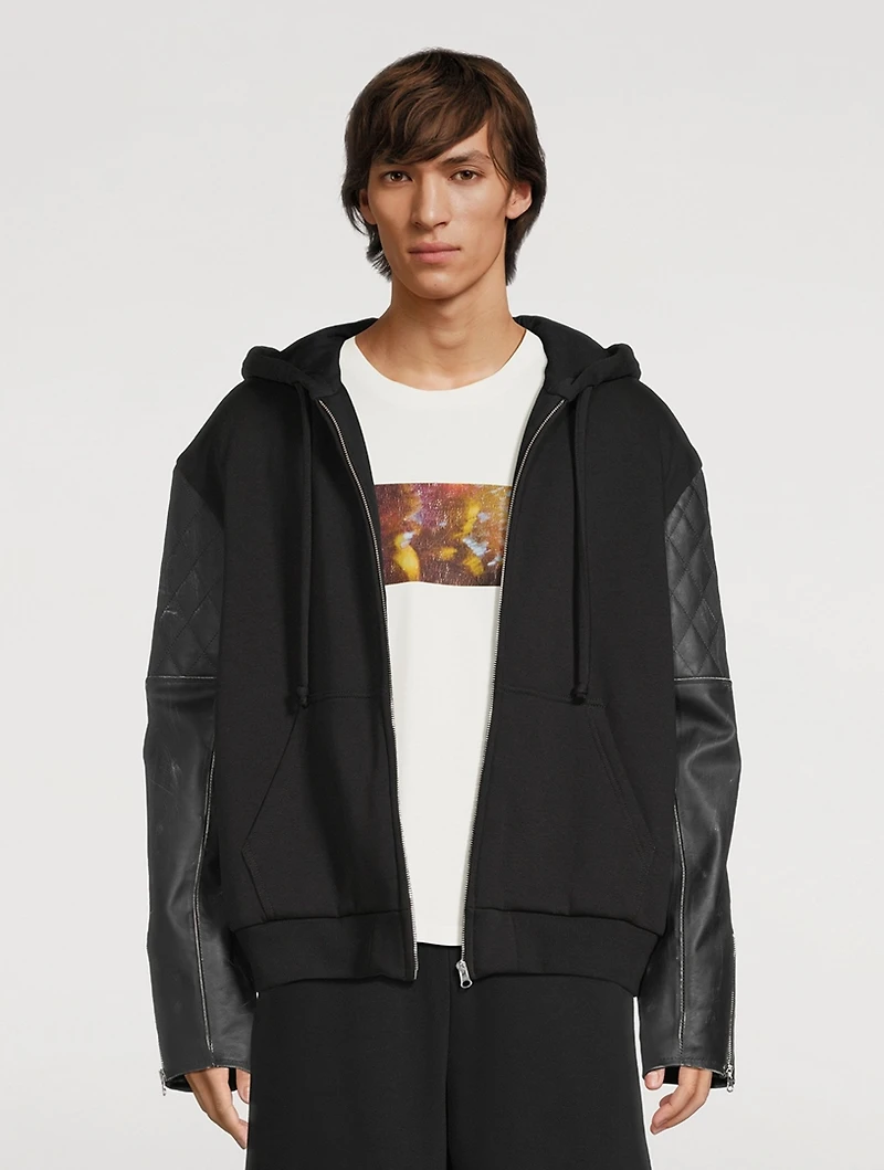 Zip Hoodie With Leather Sleeve