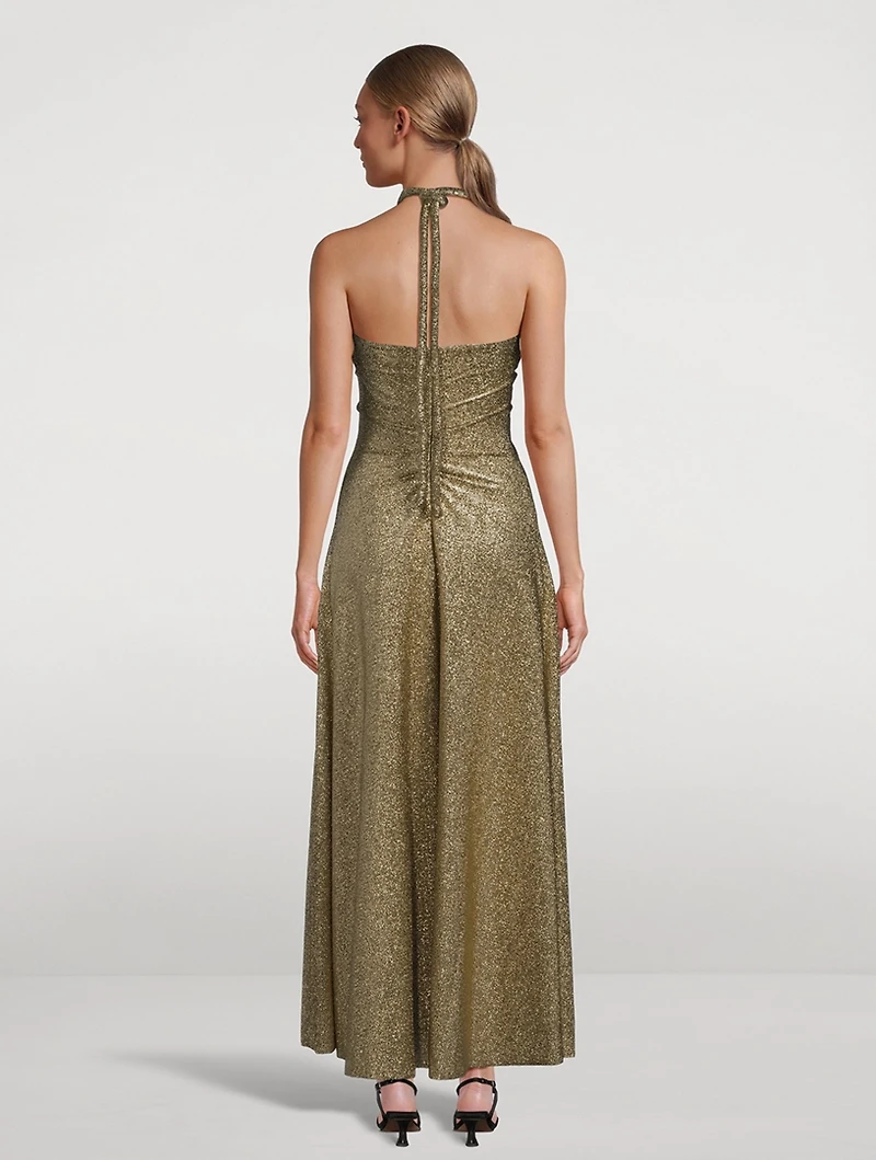Metallic Jersey Halter Long Dress