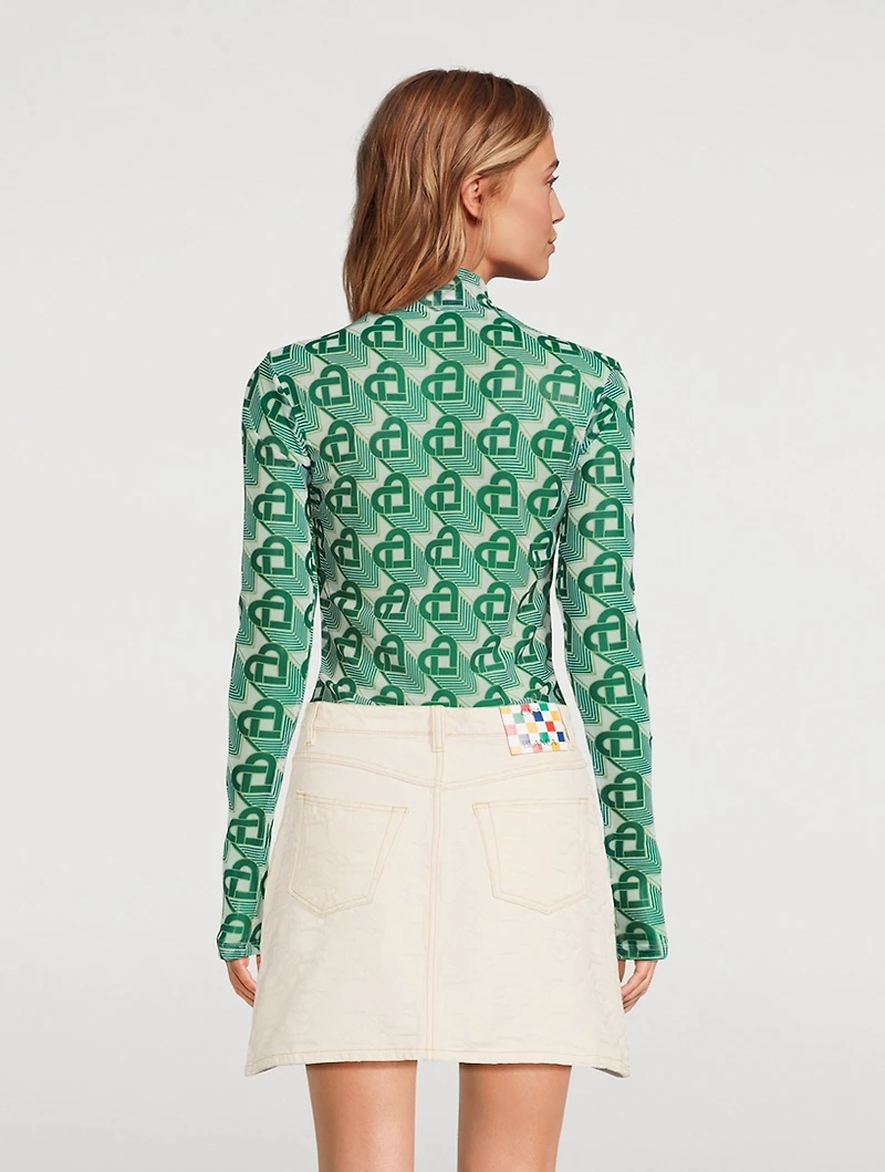 Mesh Turtleneck Heart Monogram Print