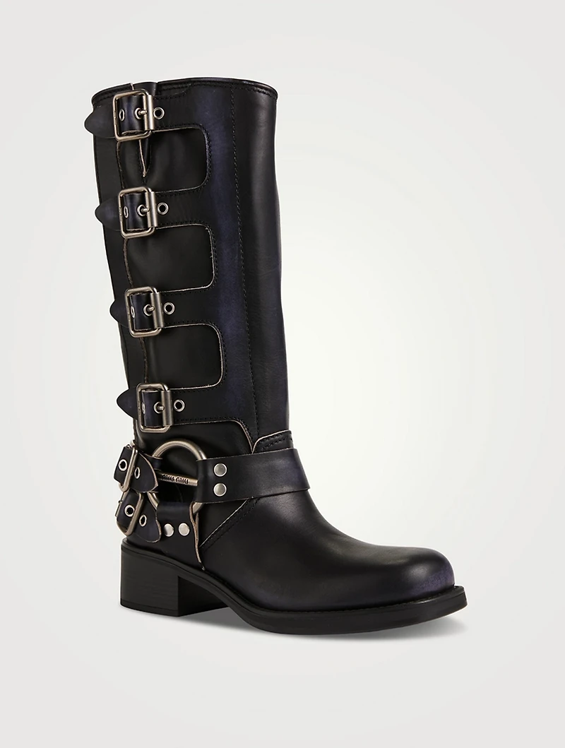 Buckle Leather Mid-Calf Boots