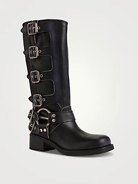 Buckle Leather Mid-Calf Boots