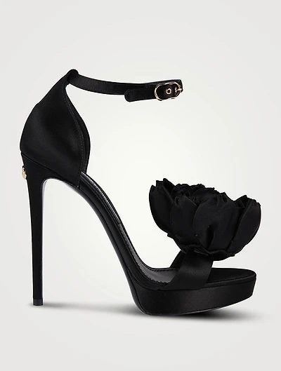 Keira Flower-Trimmed Satin Platform Sandals