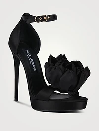 Keira Flower-Trimmed Satin Platform Sandals