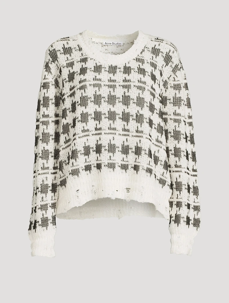 Houndstooth Jacquard Distressed Sweater