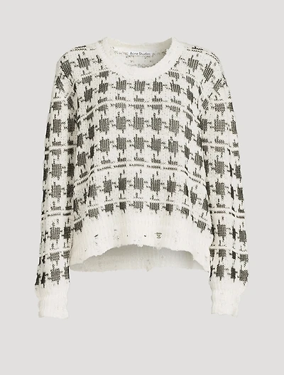 Houndstooth Jacquard Distressed Sweater