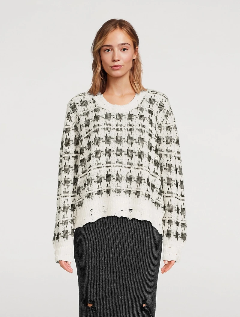 Houndstooth Jacquard Distressed Sweater