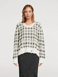Houndstooth Jacquard Distressed Sweater