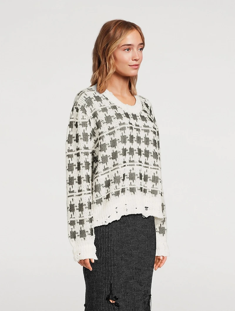 Houndstooth Jacquard Distressed Sweater