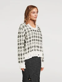 Houndstooth Jacquard Distressed Sweater