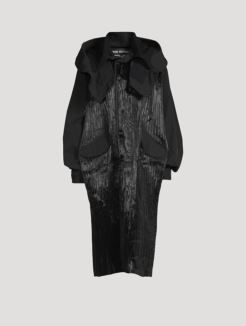 Pleated Long Coat With Hood