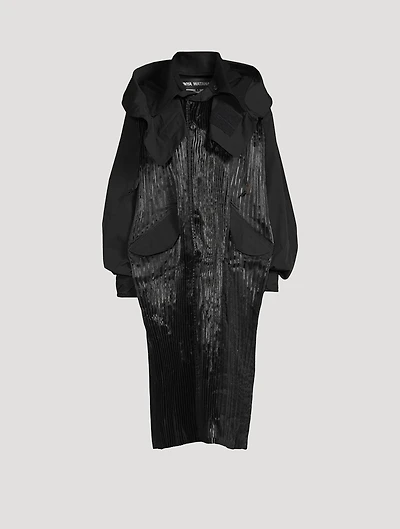Pleated Long Coat With Hood