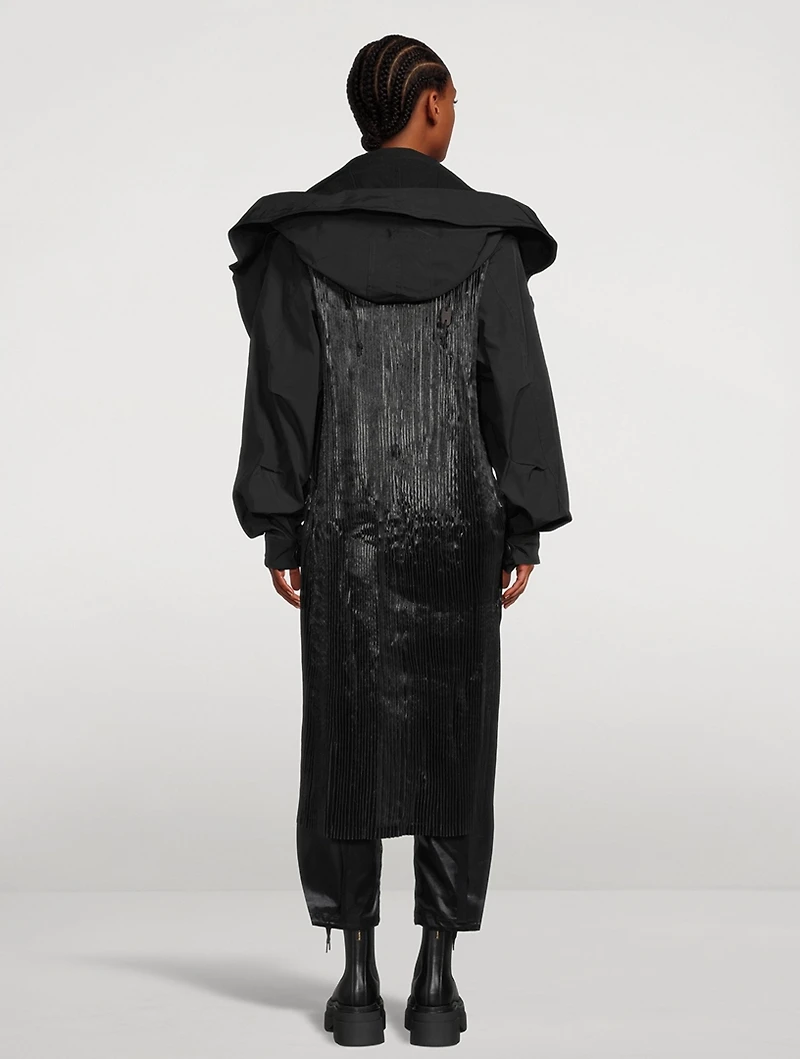 Pleated Long Coat With Hood