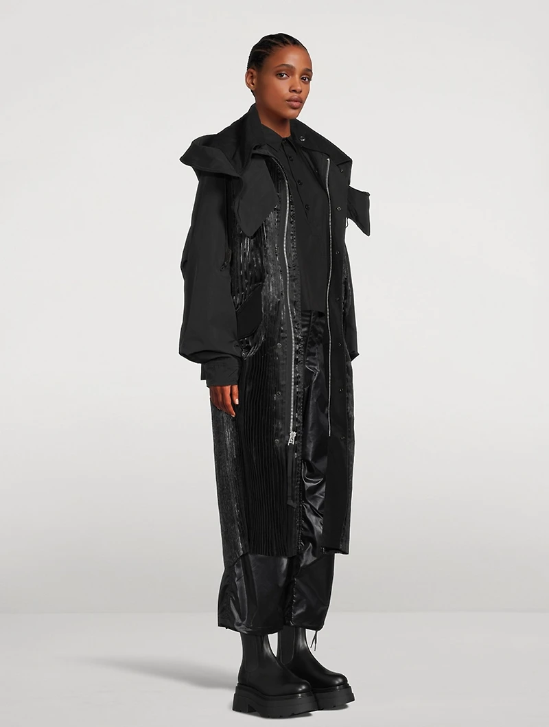 Pleated Long Coat With Hood