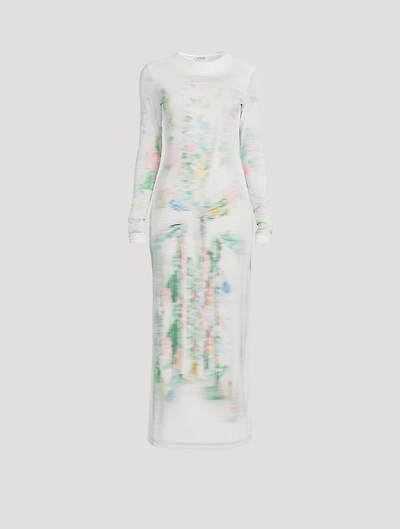 Mesh Maxi Dress Blurred Print