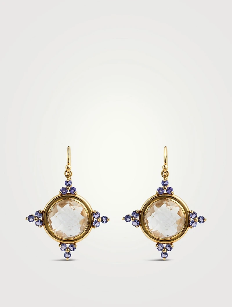 Estate 18K Gold Faceted Quartz And Tanzanite Drop Earrings