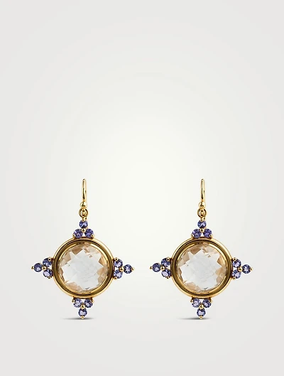 Estate 18K Gold Faceted Quartz And Tanzanite Drop Earrings