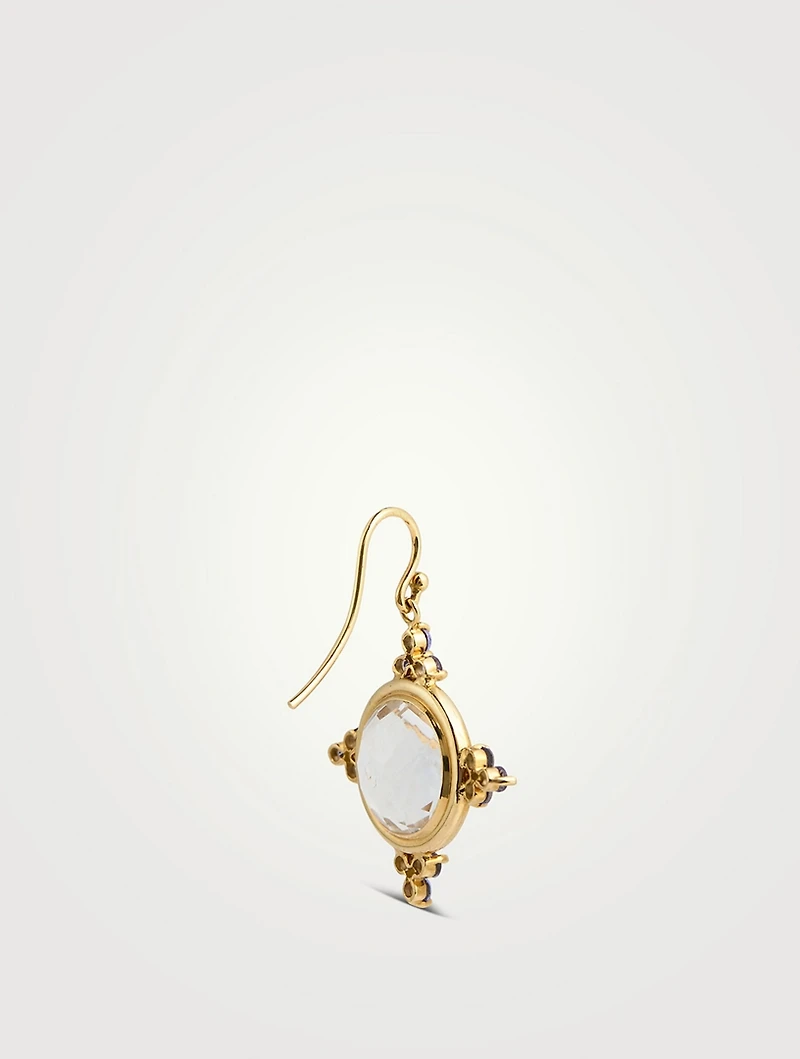 Estate 18K Gold Faceted Quartz And Tanzanite Drop Earrings