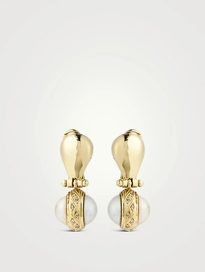 VIntage 18K Gold Drop Earrings With Mabe Pearls And Diamonds