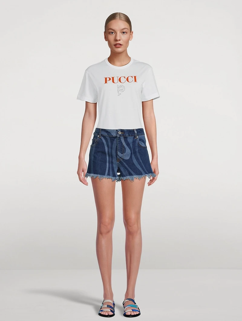 Cut-Off Denim Shorts Marmo Print