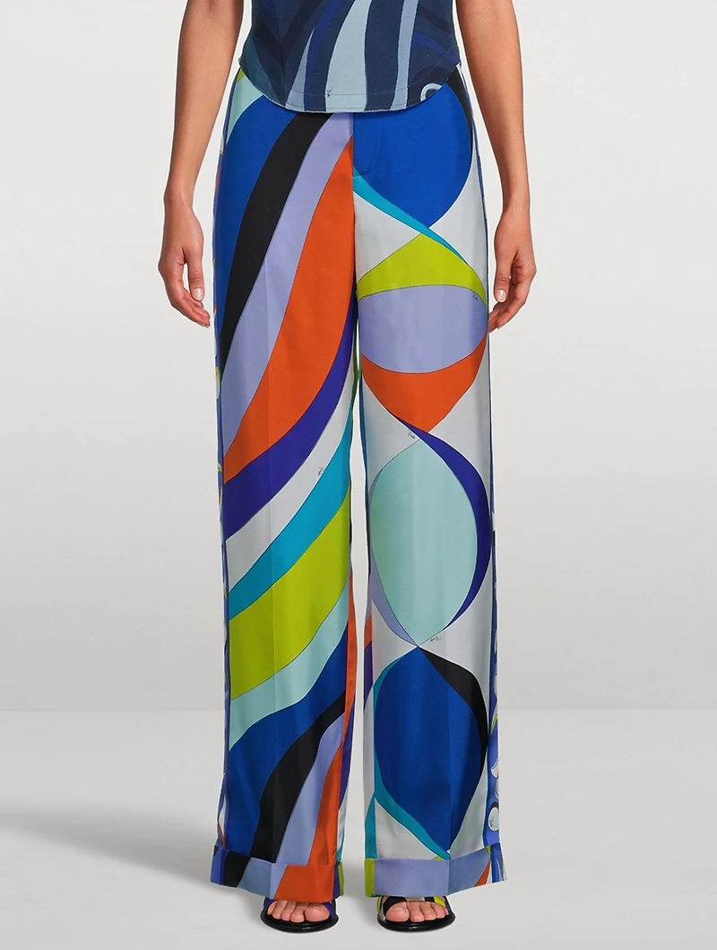 Printed Silk Twill Wide-Leg Trousers