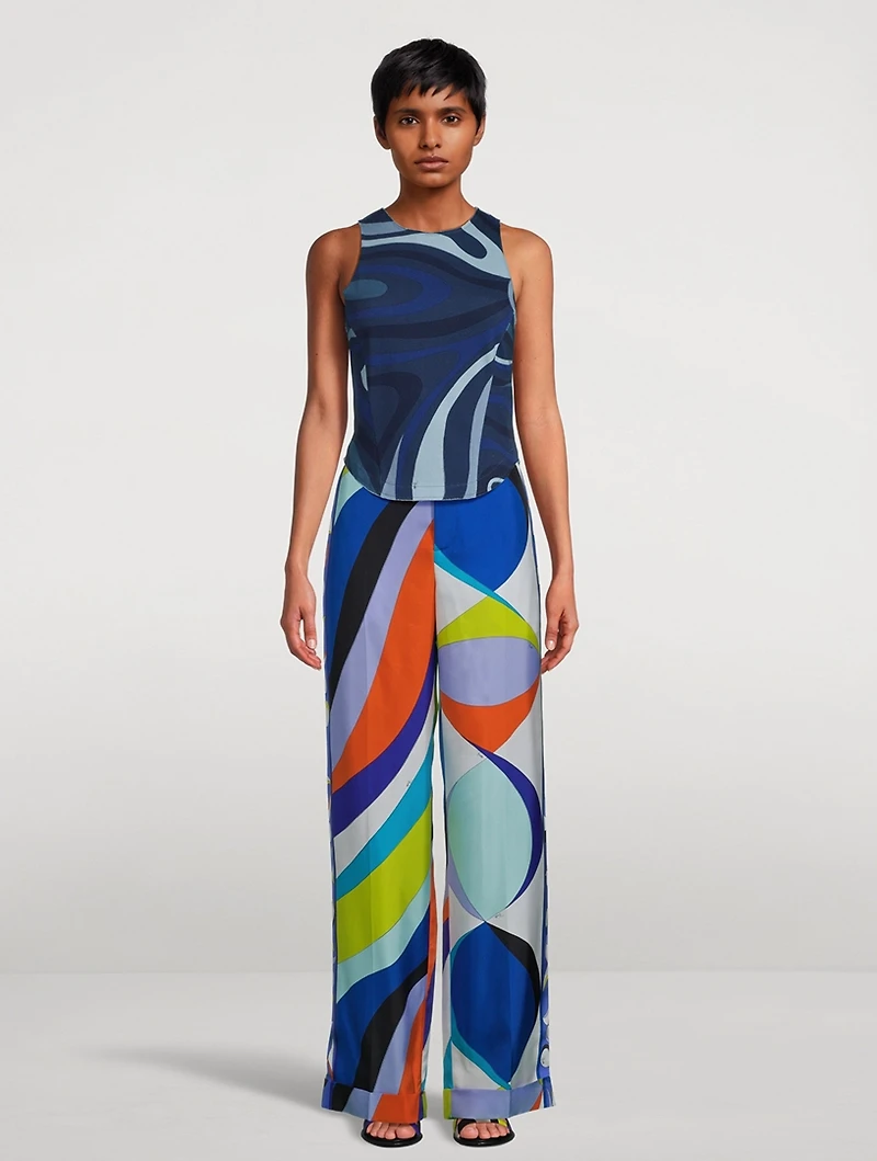 Printed Silk Twill Wide-Leg Trousers