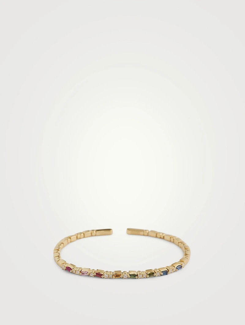 18K Gold Thin Mix Rainbow Sapphire Bangle Bracelet