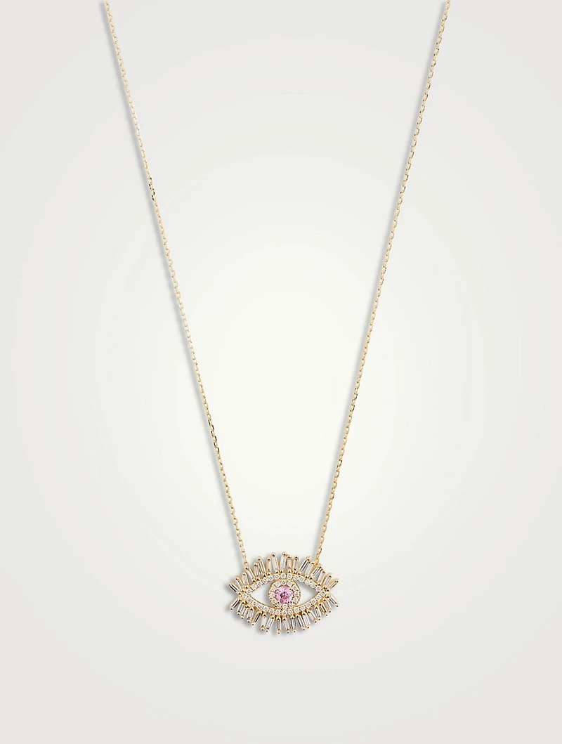 Medium 18K Gold Pavé Evil Eye Pendant Necklace With Pink Sapphire And Diamonds