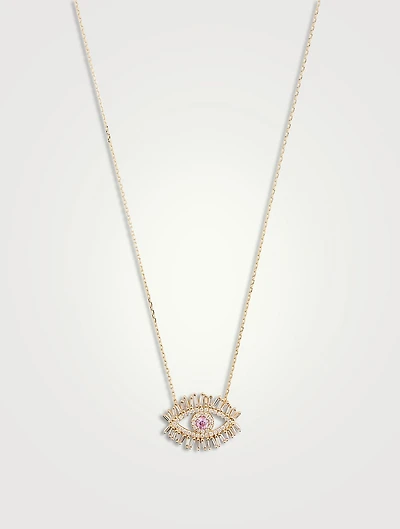 Medium 18K Gold Pavé Evil Eye Pendant Necklace With Pink Sapphire And Diamonds